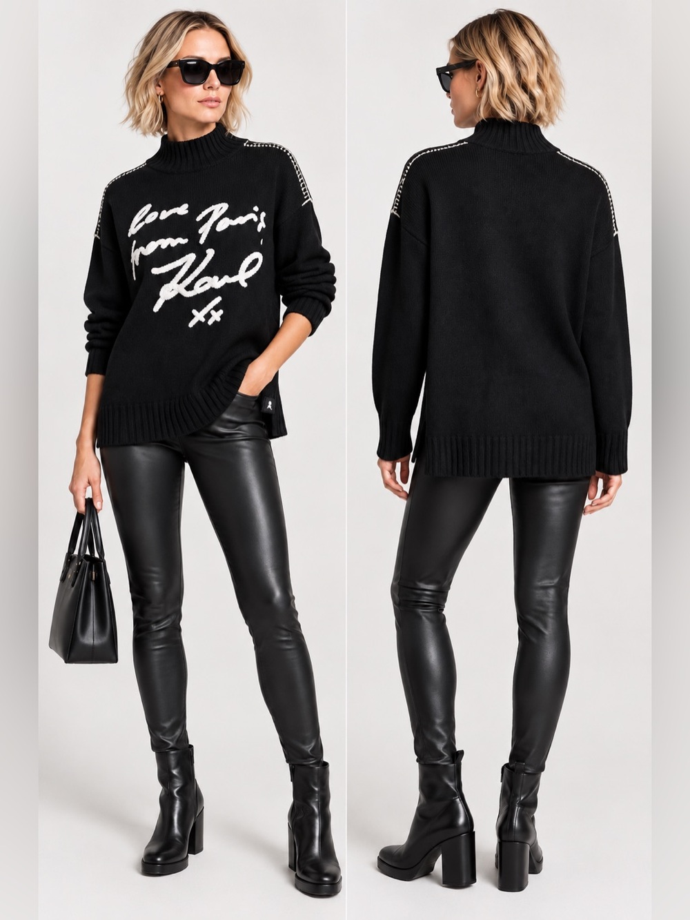 Karl Lagerfeld Paris Black Script Logo Mock Neck Sweater Size M
